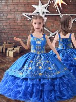 Straps Sleeveless Little Girls Pageant Dress Floor Length Embroidery and Ruffled Layers Royal Blue Satin and Organza