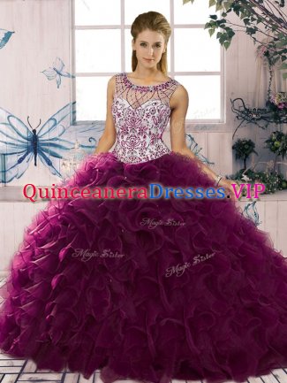 New Arrival Dark Purple Ball Gowns Beading and Ruffles Quinceanera Gowns Lace Up Organza Sleeveless Floor Length