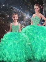 Elegant Floor Length Turquoise Vestidos de Quinceanera Organza Sleeveless Beading and Ruffles