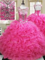 Scoop Sleeveless Lace Up Sweet 16 Dress Hot Pink Organza