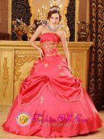 Southlake TX Stylish Strapless Watermelon Red Beading and Appliques Quinceanera Dress Party Style