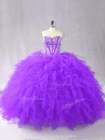Deluxe Sweetheart Sleeveless Quinceanera Gown Floor Length Beading and Ruffles Purple Tulle