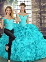 Eye-catching Aqua Blue Sleeveless Beading and Ruffles Floor Length 15th Birthday Dress