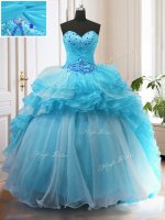 Wonderful Baby Blue Ball Gowns Beading and Ruffled Layers Sweet 16 Dresses Lace Up Organza Sleeveless