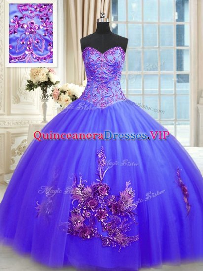 Blue Ball Gowns Sweetheart Sleeveless Tulle Floor Length Lace Up Embroidery Military Ball Dresses - Click Image to Close