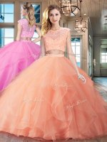 Unique Scoop Organza Cap Sleeves With Train Quinceanera Gowns Brush Train and Beading and Appliques and Ruffles(SKU SXQD038BIZ)