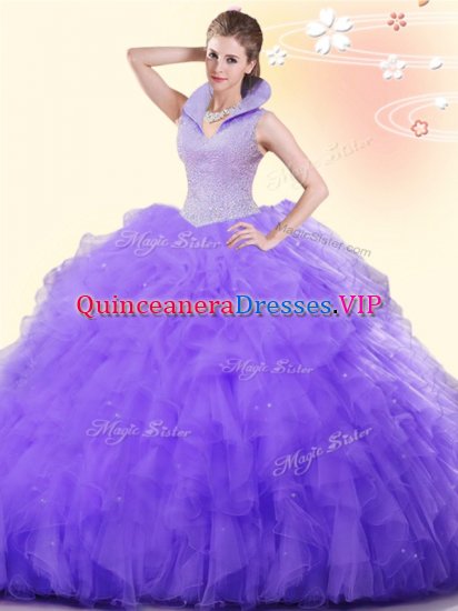 Deluxe High-neck Sleeveless Backless Quinceanera Dresses Lavender Tulle - Click Image to Close