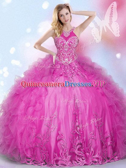 Suitable Halter Top Hot Pink Lace Up Ball Gown Prom Dress Beading and Appliques and Ruffles Sleeveless Floor Length - Click Image to Close