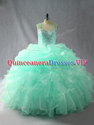 Inexpensive Apple Green Ball Gowns Straps Sleeveless Organza Floor Length Zipper Beading and Ruffles and Pick Ups Ball Gown Prom Dress