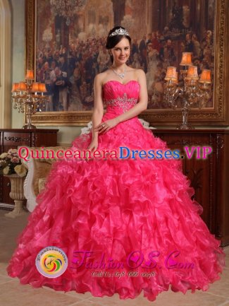 Crosby Garrett Cumbria Stylish Hot Pink Ruffles Beading and Ruch Sweetheart Strapless Floor-length Quinceanera Dress With Organza Ball Gown