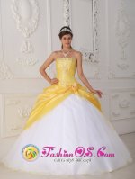 Parkano Finland Yellow and White Quinceanera Dress With beading Bodice Taffeta