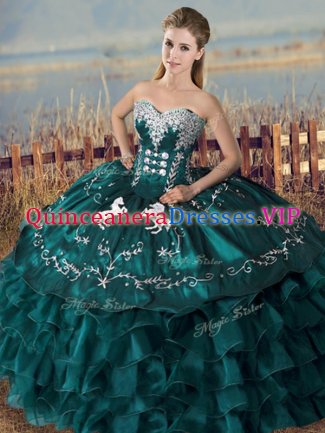 Most Popular Satin and Organza Sleeveless Floor Length Quinceanera Dress and Embroidery and Ruffles