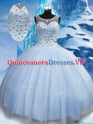 Floor Length Light Blue Sweet 16 Dress Scoop Sleeveless Lace Up