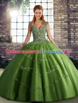 Glittering Sleeveless Floor Length Beading and Appliques Lace Up Sweet 16 Quinceanera Dress with Green