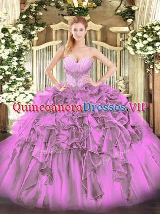 Organza Sweetheart Sleeveless Lace Up Beading and Ruffles Quinceanera Dress in Lilac