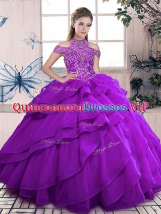 Dramatic Purple Ball Gowns High-neck Sleeveless Organza Floor Length Lace Up Beading and Ruffles Quinceanera Gown