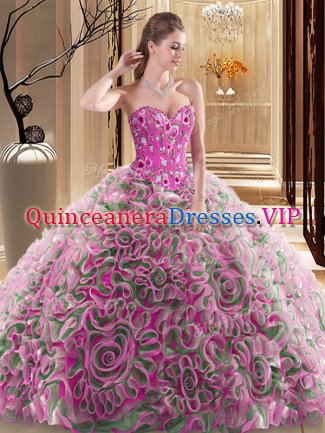 Modern Multi-color Sleeveless Brush Train Embroidery and Ruffles With Train Ball Gown Prom Dress