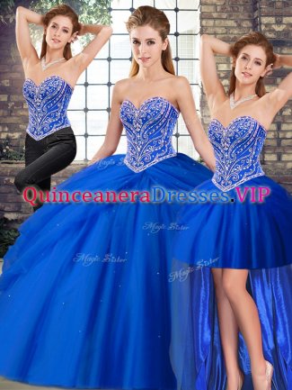 Royal Blue Quinceanera Dress Tulle Brush Train Sleeveless Beading and Pick Ups