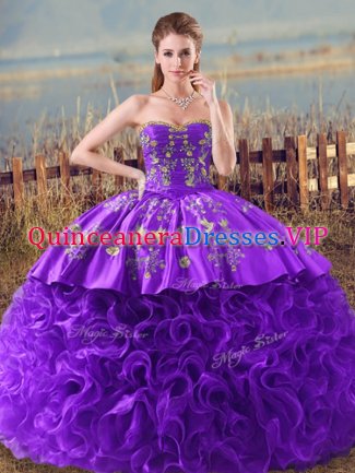 Most Popular Sweetheart Sleeveless Fabric With Rolling Flowers 15th Birthday Dress Embroidery and Ruffles Brush Train Lace Up