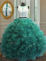 Flirting Scoop Turquoise Sleeveless Organza Clasp Handle Quince Ball Gowns for Military Ball and Sweet 16 and Quinceanera