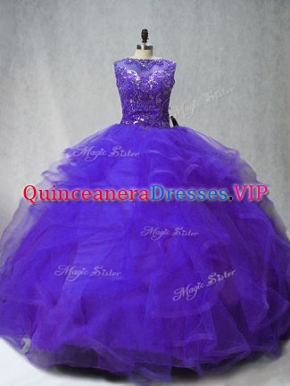 Ideal Purple Sleeveless Beading and Ruffles Lace Up Sweet 16 Dresses