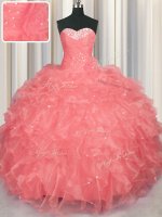 Watermelon Red Lace Up Quinceanera Gowns Beading and Ruffles Sleeveless Floor Length