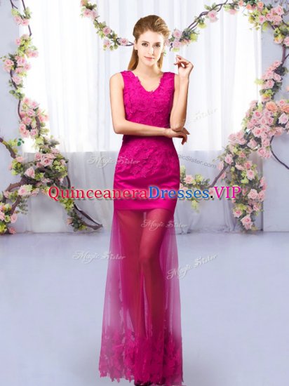 Classical Floor Length Fuchsia Court Dresses for Sweet 16 V-neck Sleeveless Lace Up - Click Image to Close