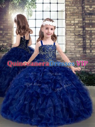 Blue Lace Up Pageant Dress Womens Beading and Ruffles Sleeveless Floor Length