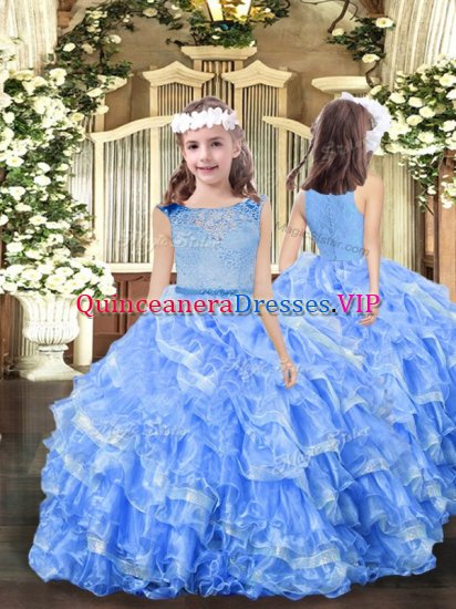 Amazing Blue Zipper Scoop Beading and Ruffles Little Girls Pageant Gowns Organza Sleeveless - Click Image to Close