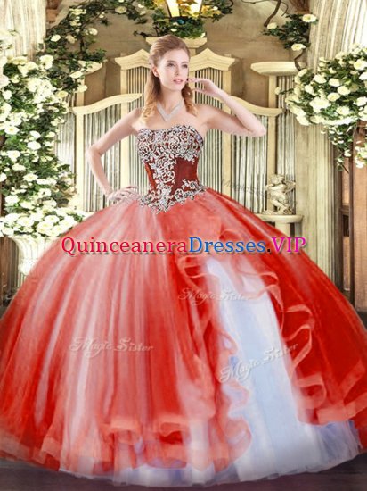 Super Coral Red Sleeveless Tulle Lace Up Sweet 16 Quinceanera Dress for Military Ball and Sweet 16 and Quinceanera - Click Image to Close
