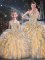 Classical Gold Sleeveless Floor Length Beading and Ruffles Lace Up Quince Ball Gowns
