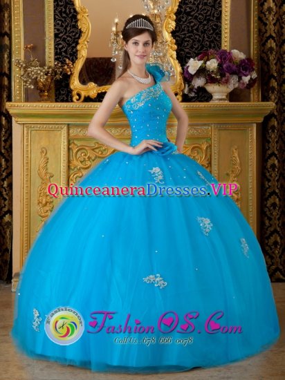 HyvinkAa Finland One Shoulder Fabulous Quinceanera Dress For Teal Tulle Appliques Ball Gown - Click Image to Close