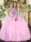 Comfortable Ball Gowns Quinceanera Dress Pink High-neck Organza Sleeveless Floor Length Lace Up