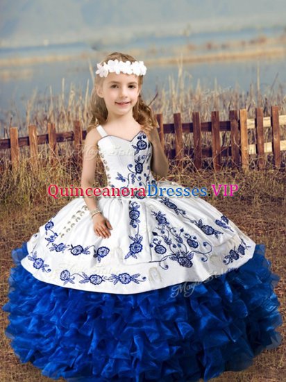 Royal Blue Straps Neckline Embroidery and Ruffles Pageant Dress Wholesale Sleeveless Lace Up - Click Image to Close