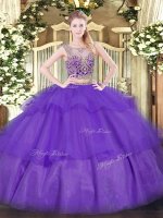 Sleeveless Floor Length Beading and Ruffled Layers Lace Up Sweet 16 Dresses with Purple