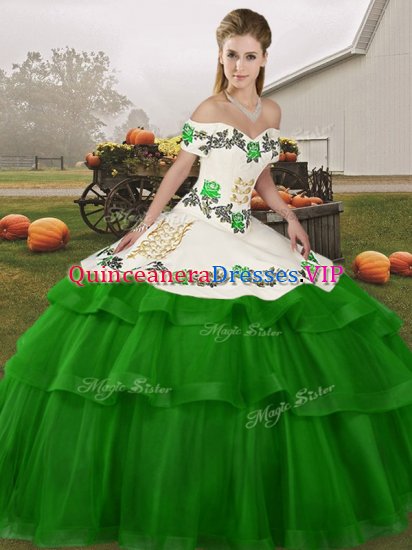 Ideal Embroidery and Ruffled Layers Sweet 16 Dress Green Lace Up Sleeveless Brush Train - Click Image to Close