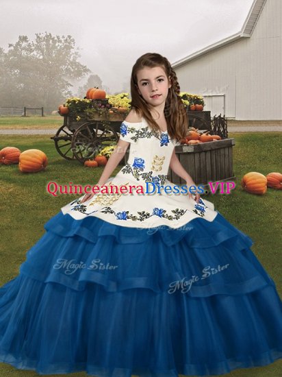 Stunning Blue Tulle Lace Up Little Girl Pageant Dress Sleeveless Floor Length Embroidery and Ruffled Layers - Click Image to Close