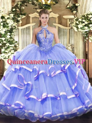 Stunning Lavender Ball Gowns Halter Top Sleeveless Organza Floor Length Lace Up Beading Sweet 16 Dresses