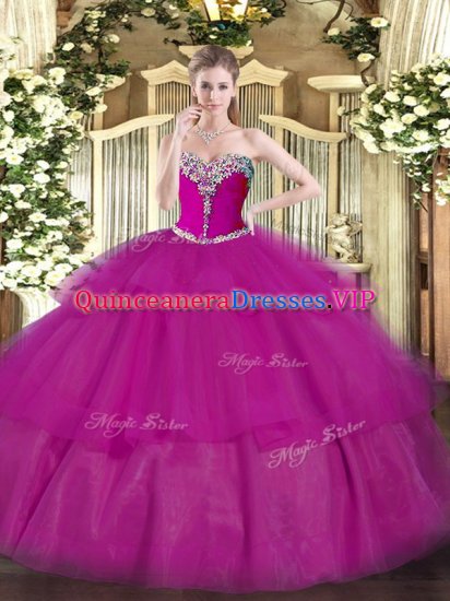 Modest Tulle Sweetheart Sleeveless Lace Up Beading and Ruffled Layers Quinceanera Gowns in Fuchsia - Click Image to Close
