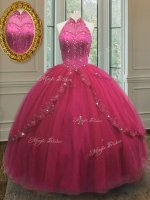 Flirting Halter Top Floor Length Ball Gowns Sleeveless Hot Pink Sweet 16 Quinceanera Dress Lace Up