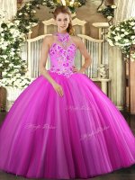 Fuchsia Ball Gowns Tulle Halter Top Sleeveless Embroidery Floor Length Lace Up 15 Quinceanera Dress