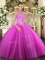 Fuchsia Ball Gowns Tulle Halter Top Sleeveless Embroidery Floor Length Lace Up 15 Quinceanera Dress