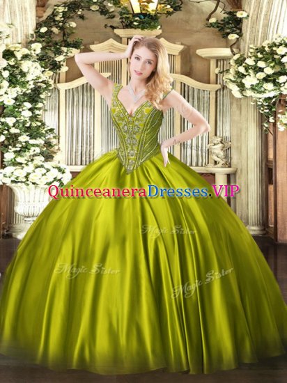 Fantastic Olive Green Ball Gowns Satin V-neck Sleeveless Beading Floor Length Lace Up Quinceanera Dress - Click Image to Close