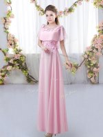 Low Price Rose Pink Chiffon Zipper Quinceanera Court of Honor Dress Short Sleeves Floor Length Appliques