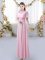 Low Price Rose Pink Chiffon Zipper Quinceanera Court of Honor Dress Short Sleeves Floor Length Appliques