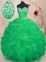 Deluxe Sweetheart Sleeveless Quinceanera Gowns Floor Length Beading and Ruffles Turquoise Organza