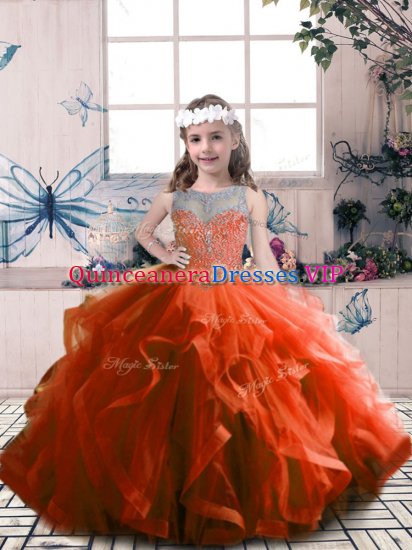 Rust Red Sleeveless Beading Floor Length Little Girls Pageant Dress - Click Image to Close