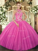 Halter Top Sleeveless Quinceanera Gown Floor Length Beading and Embroidery Hot Pink Tulle