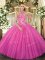 Halter Top Sleeveless Quinceanera Gown Floor Length Beading and Embroidery Hot Pink Tulle