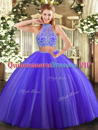 Fashion Purple Two Pieces Tulle Halter Top Sleeveless Beading Floor Length Criss Cross Vestidos de Quinceanera